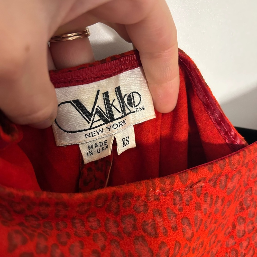 Vintage 80's VAKKO New York Red Leopard print Suede Blouson Mini Dress XS USA - Picture 5 of 8